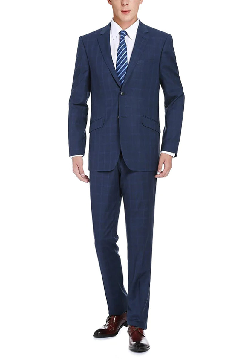 "Indigo Blue Windowpane Plaid Men's Slim Fit Two-Button Suit"