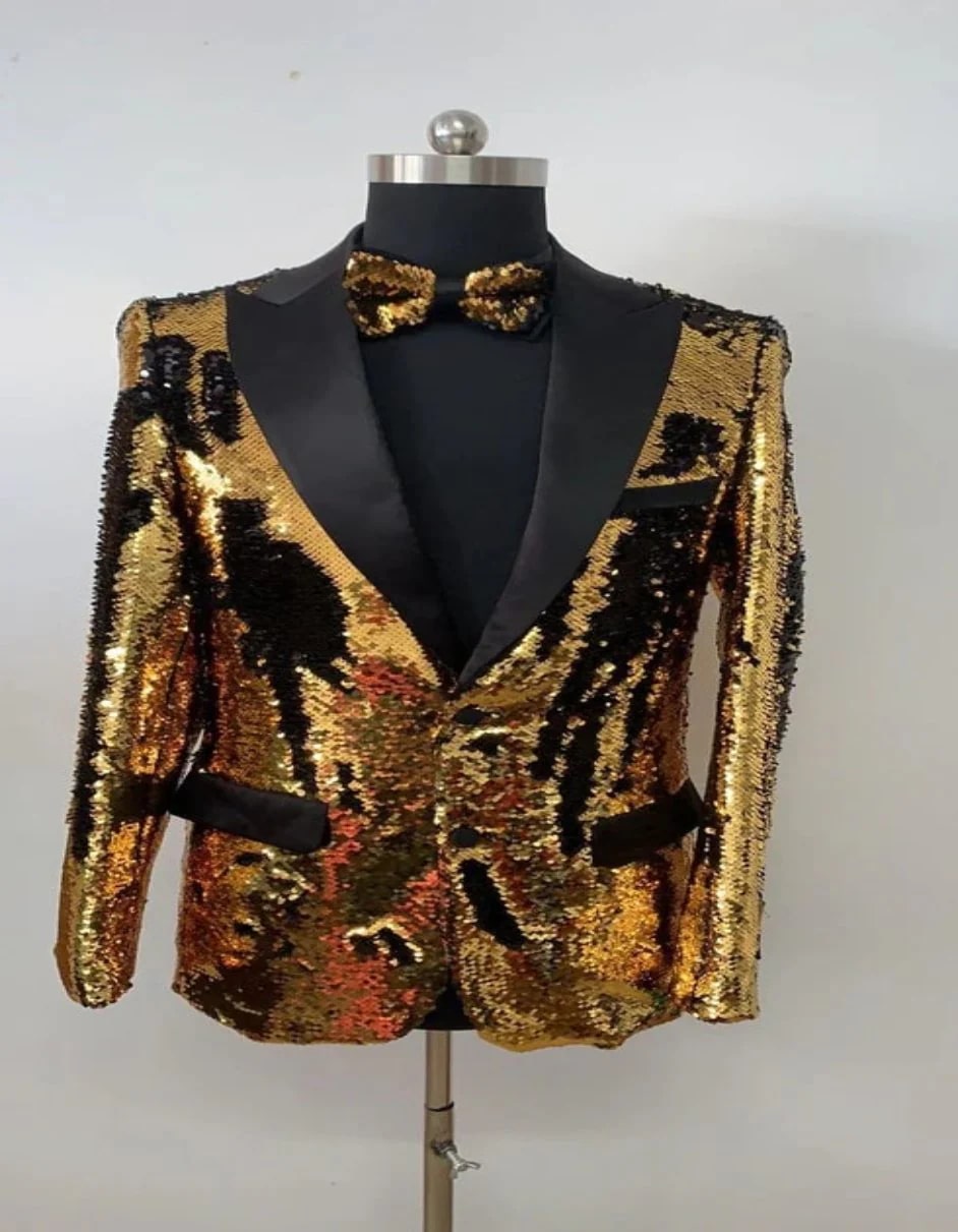 Christmas Blazer - New Year Holiday Tuxedo Dinner Jacket - Gold Sequin Fabric Shiny Perfect For Party - S
