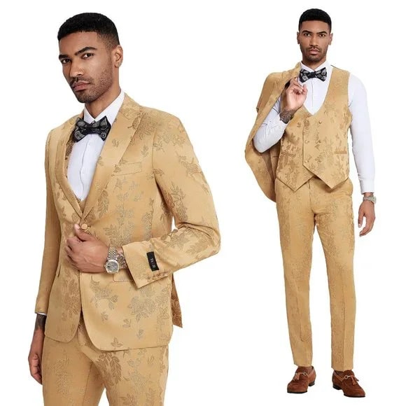 2025 Floral Mens 3PC Suit w/ Double Breasted Prom 2025 Vest by Tazzio, Golden - 38 Short Jacket+32 Waist Adjustable 28to34)(Height: 5 4 to5 7 )(Neck 15-16.5)S-M)