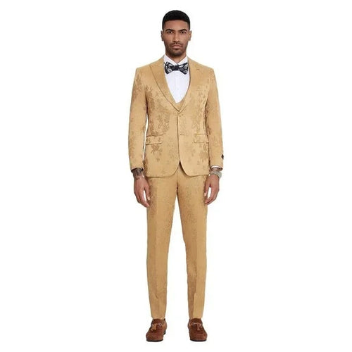 2026 Floral Mens 3PC Suit w/ Double Breasted Prom 2026 Vest by Tazzio, Golden