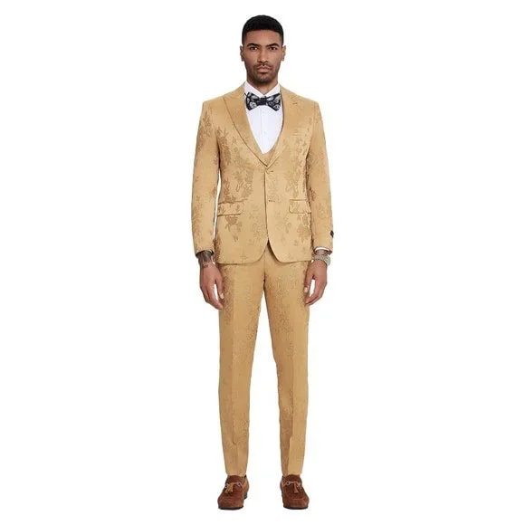 2025 Floral Mens 3PC Suit w/ Double Breasted Prom 2025 Vest by Tazzio, Golden - 38 Short Jacket+32 Waist Adjustable 28to34)(Height: 5 4 to5 7 )(Neck 15-16.5)S-M)