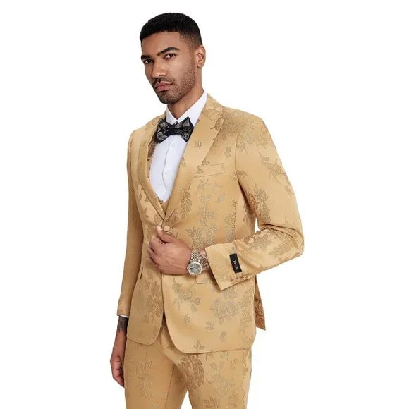 2025 Floral Mens 3PC Suit w/ Double Breasted Prom 2025 Vest by Tazzio, Golden - 38 Short Jacket+32 Waist Adjustable 28to34)(Height: 5 4 to5 7 )(Neck 15-16.5)S-M)