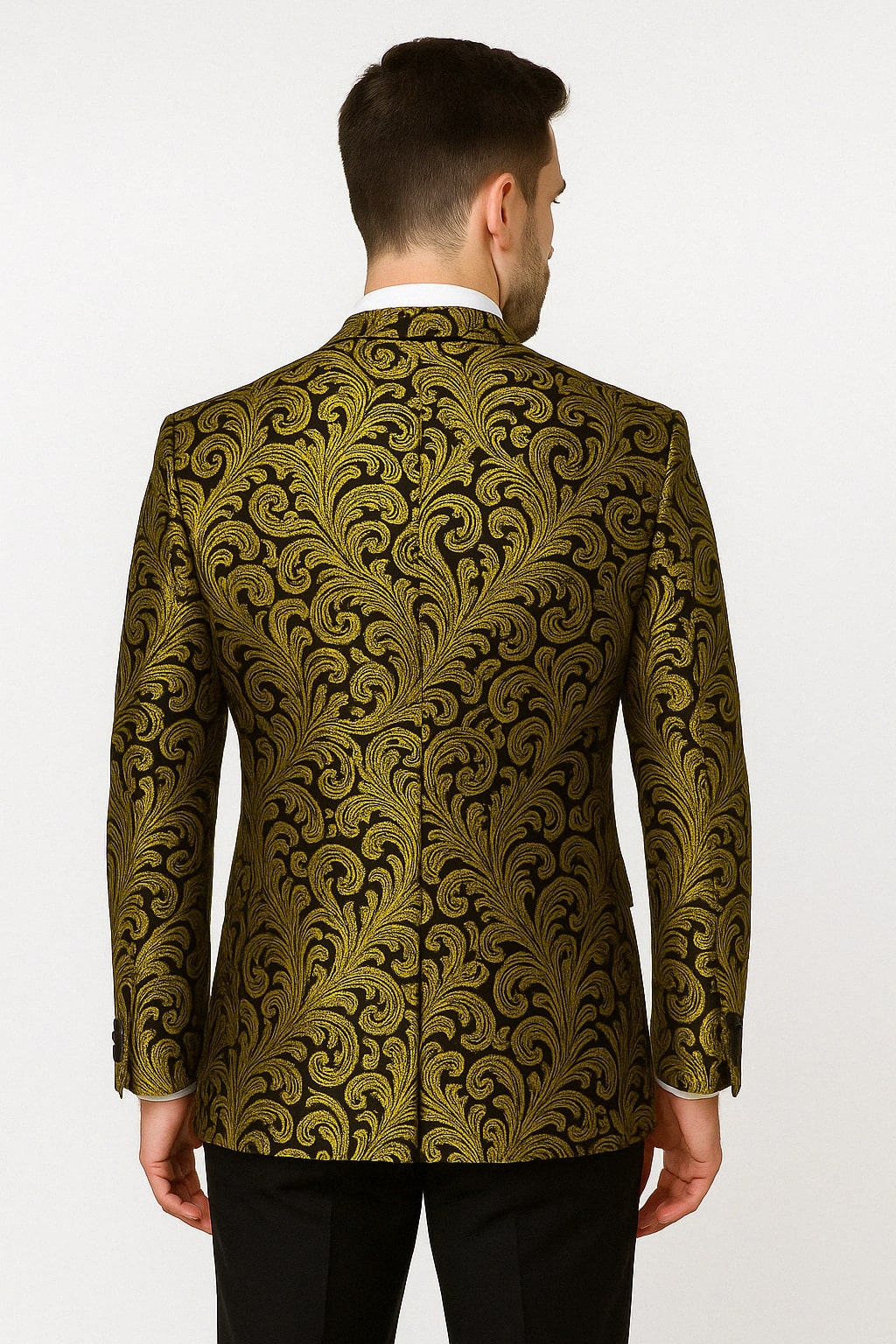 Mens Goldish Yellow and Black Paisley Tuxedo Blazer with Matching Bow Tie with Black Pants - 36 Short