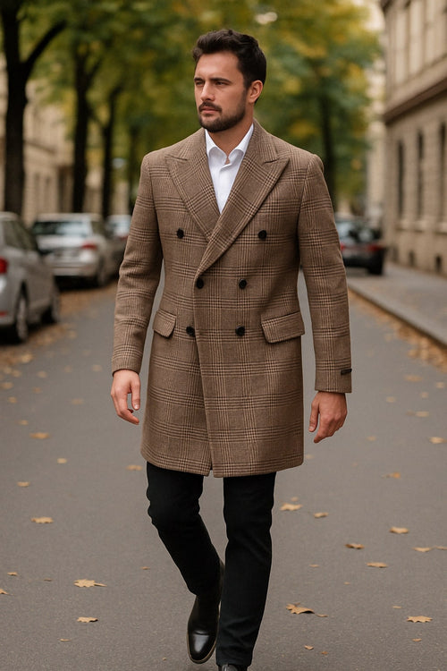 Mens Gray and Light Brown Glen Plaid Wool Overcoat Double-Breasted Vintage Check Coat