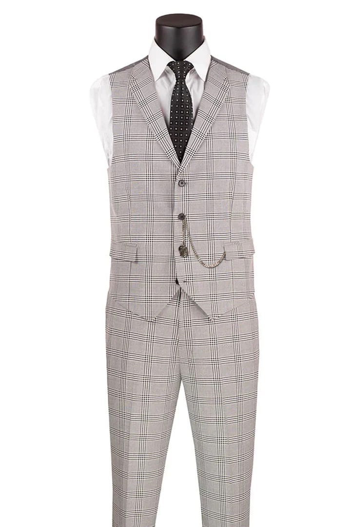 Cheap priced Suit- Men's Slim Fit Vested Glen Plaid Summer Business Gray Suit - 38 Short Jacket+32 Waist Adjustable 28to34)(Height: 5 4 to5 7 )(Neck  15-16.5)S-M)