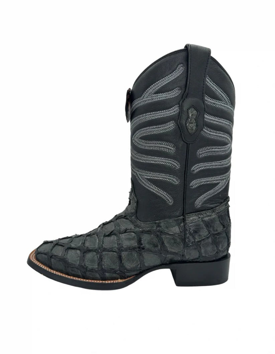 Los Altos Men's Gray Glossy Genuine Pirarucu Wide Square Toe Boot - 6 Standard / D / Medium