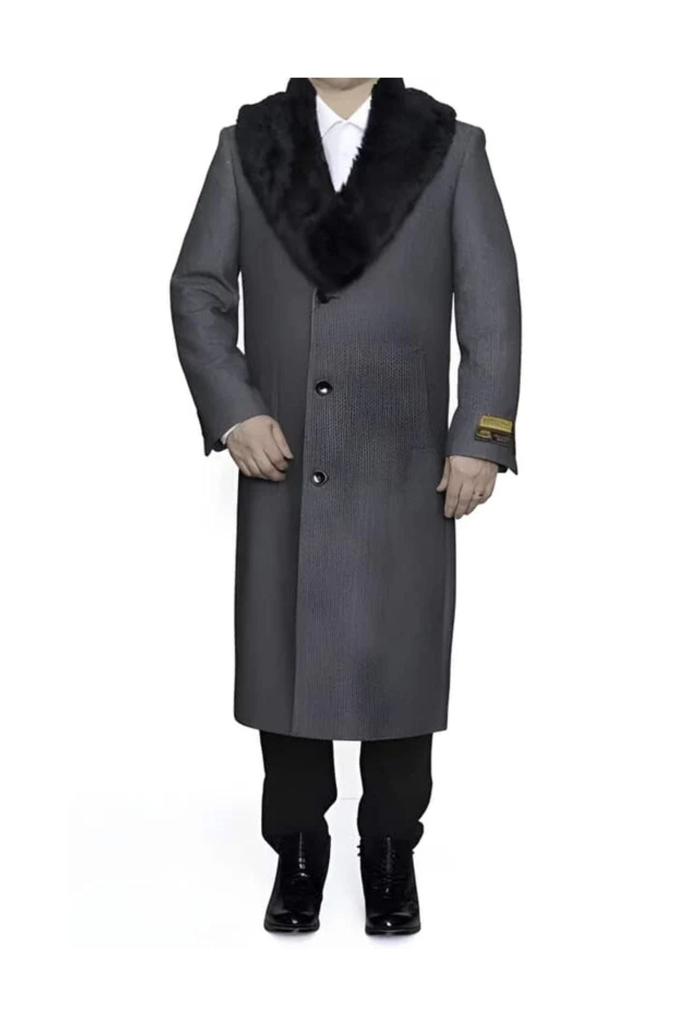 Removable Fur Collar Full Length Wool Dress Ankle length Overcoat In Grey Herringbone - Coat Size 38