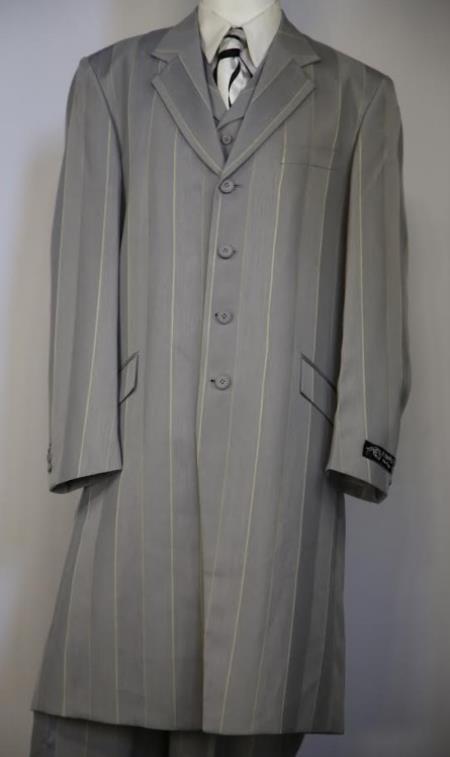 Pinstripe Zoot Suit For Men - Gangster Single Breasted Wedding Suit in Gray