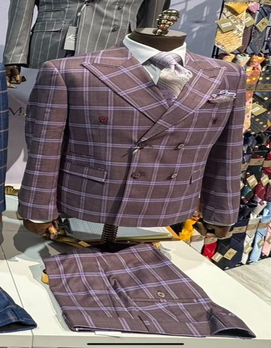 Rossiman Plaid Suit – Gray & Lavender Textured Windowpane Double-Breasted Suit - 34 Short or Extra Small