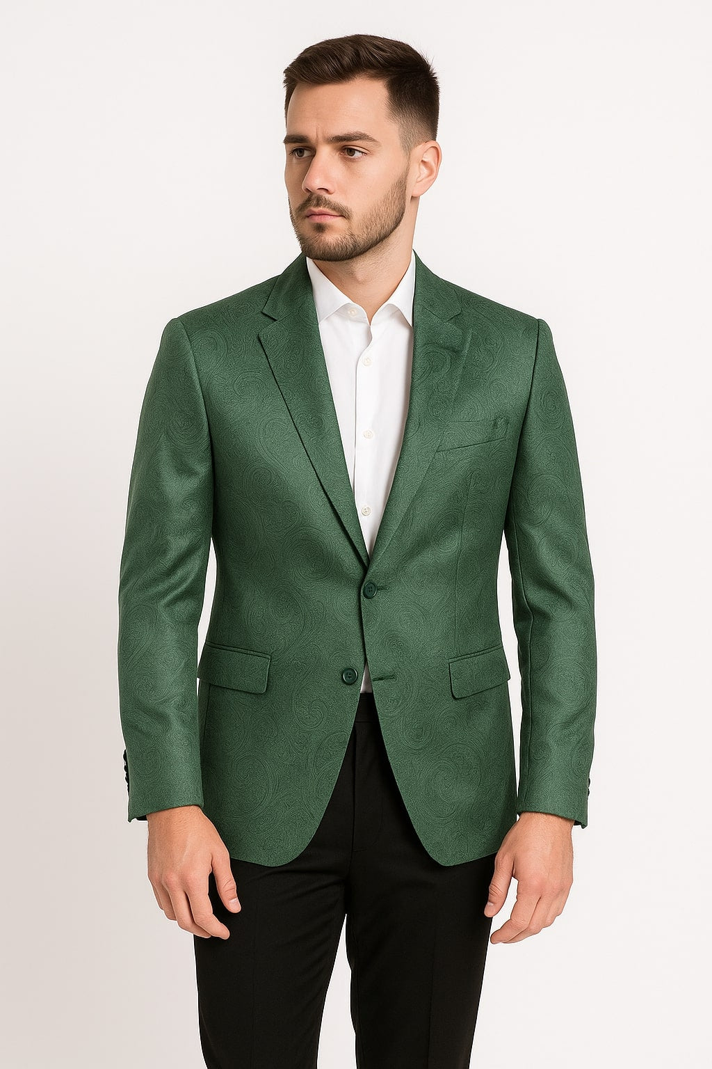 Mens Green Paisley Tuxedo Jacket – Slim Fit Embossed Formal Blazer for Weddings and Special Events in Soft velvet Fabric With Black Pants - 36 Short
