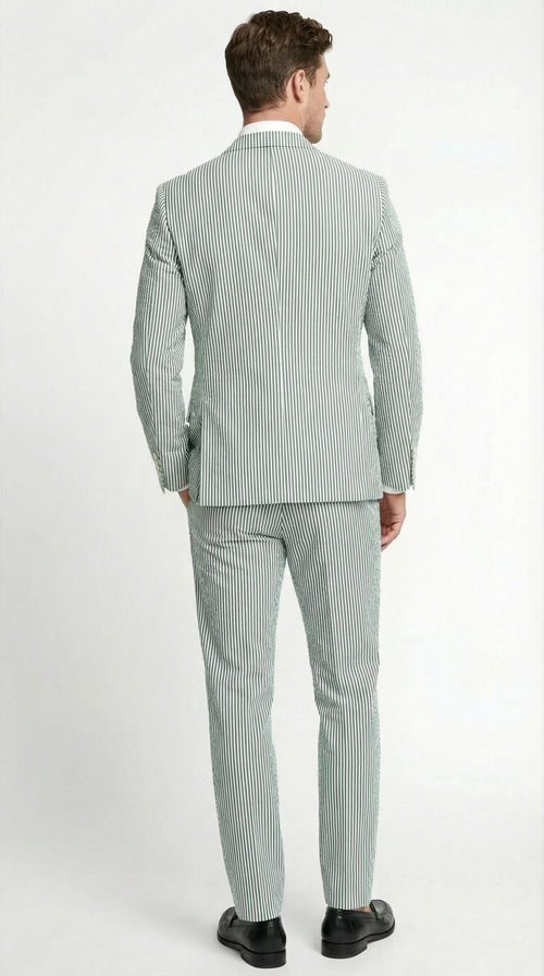 Mens White and Green Seersucker Suit Classic Striped Lightweight Summer Suit for Weddings and Formal Events Cotton Fabric