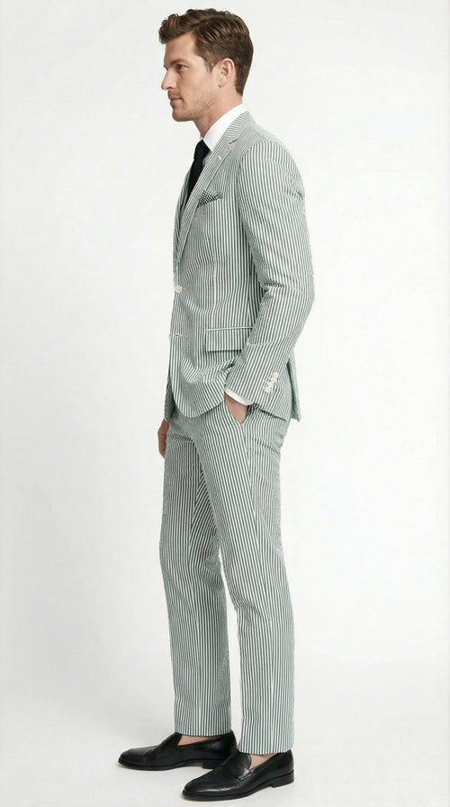 Mens White and Green Seersucker Suit Classic Striped Lightweight Summer Suit for Weddings and Formal Events Cotton Fabric