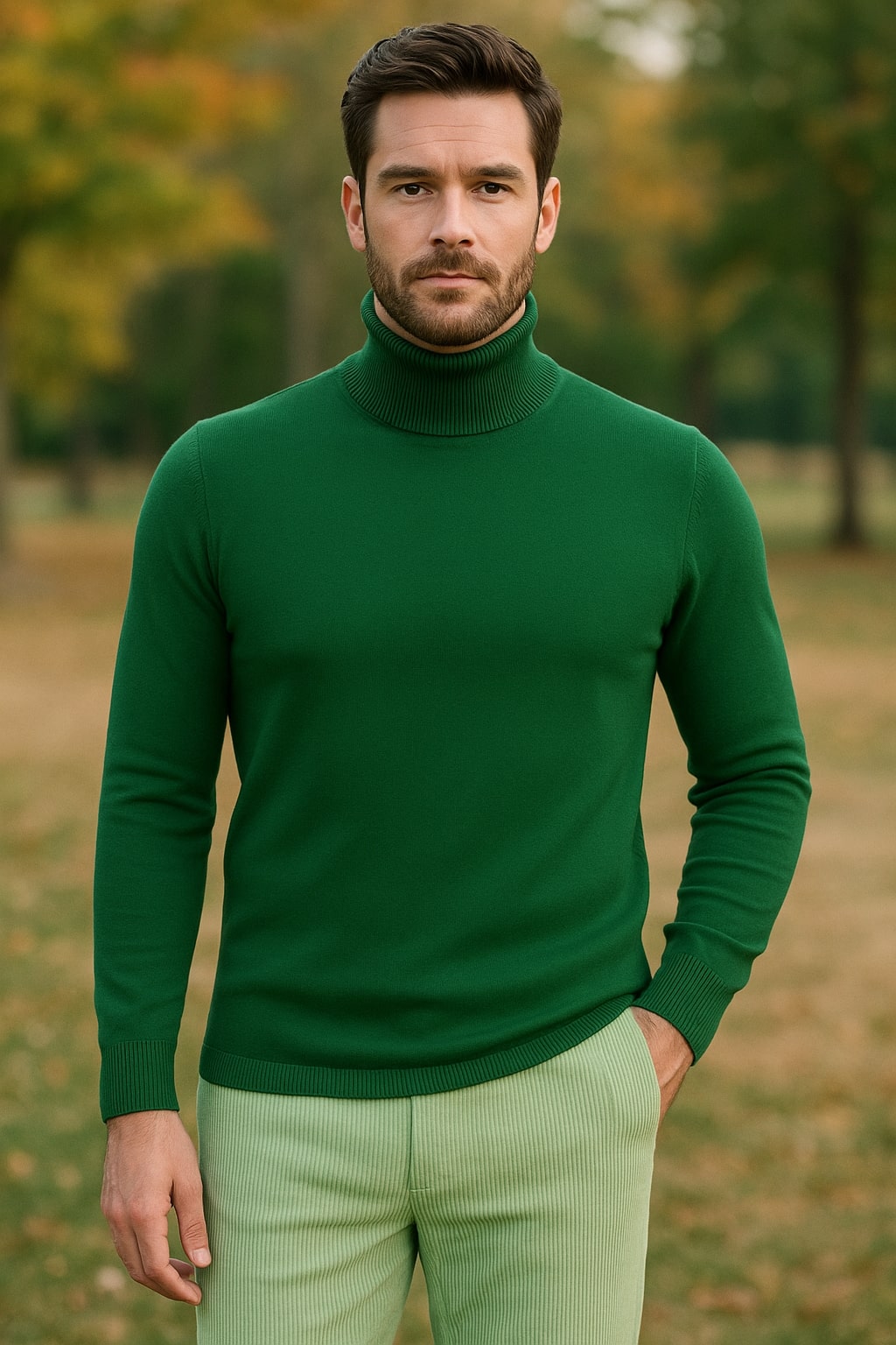 Mens Green Slim Fit Turtleneck Sweater – Lightweight Knit Pullover in Emerald Green - S