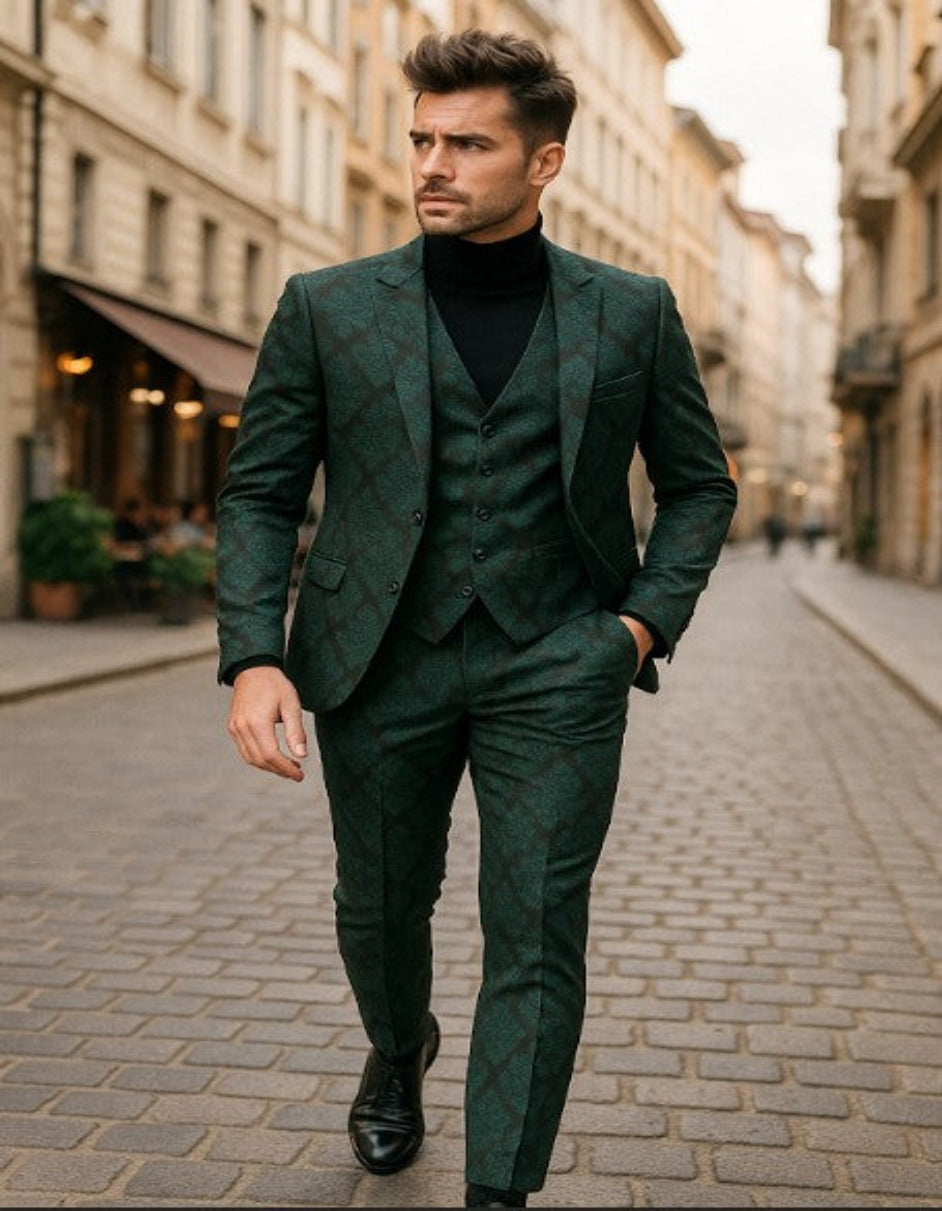 Mens Green and Black Brocade Tuxedo Suit β 3 Piece Floral Jacquard Outfit for Weddings and Formal Events - Slim Fitted