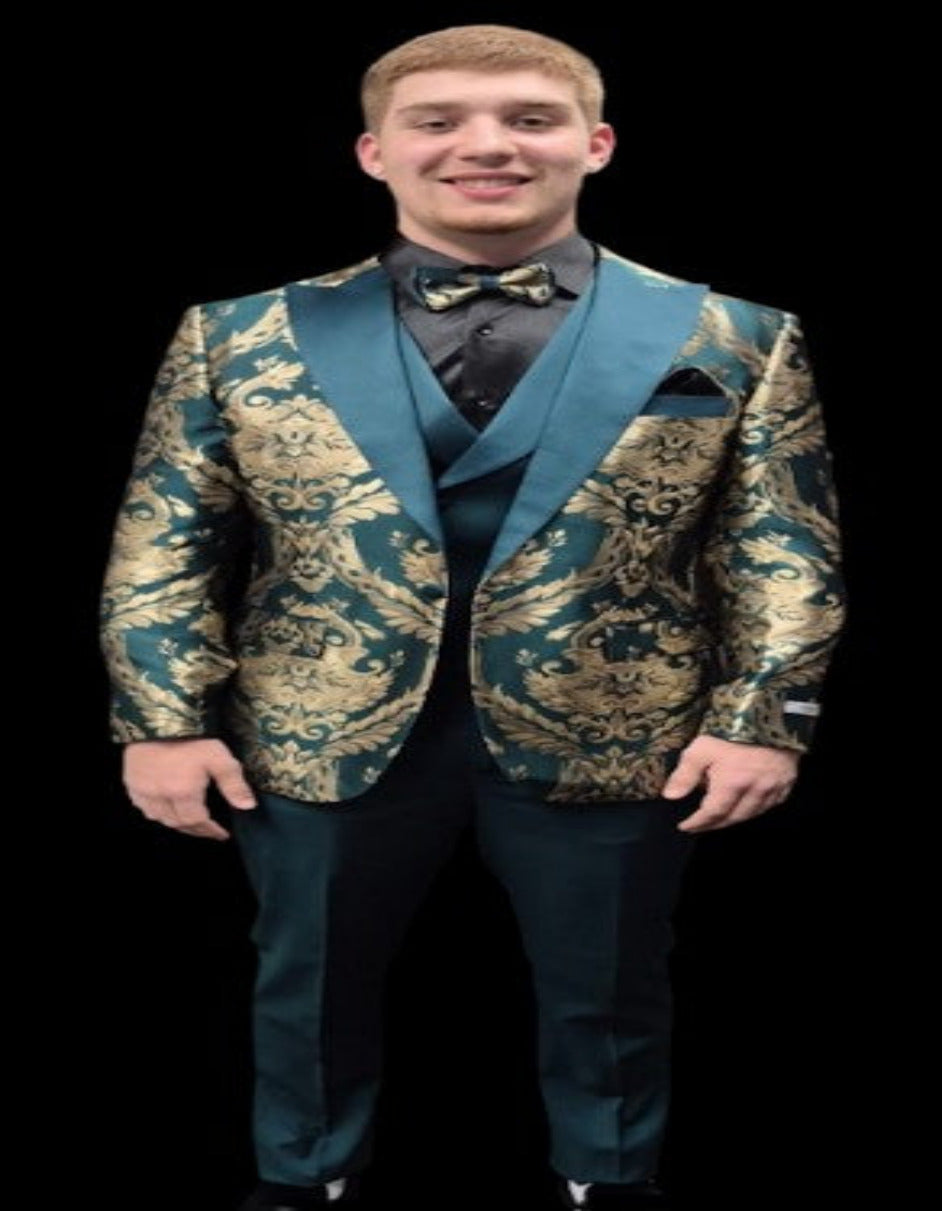 Green and Gold Tuxedo Suit - Paisley Floral Wedding Vested Suit - 34 Short or Extra Small