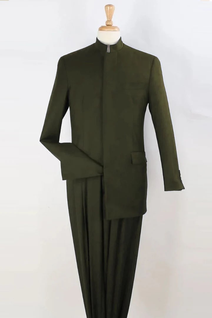 Cheap Priced Suit - Mens Mandarin Banded Collar French Front Green Suit - 38 Short Jacket+32 Waist Adjustable 28to34)(Height: 5 4 to5 7 )(Neck 15-16.5)S-M)