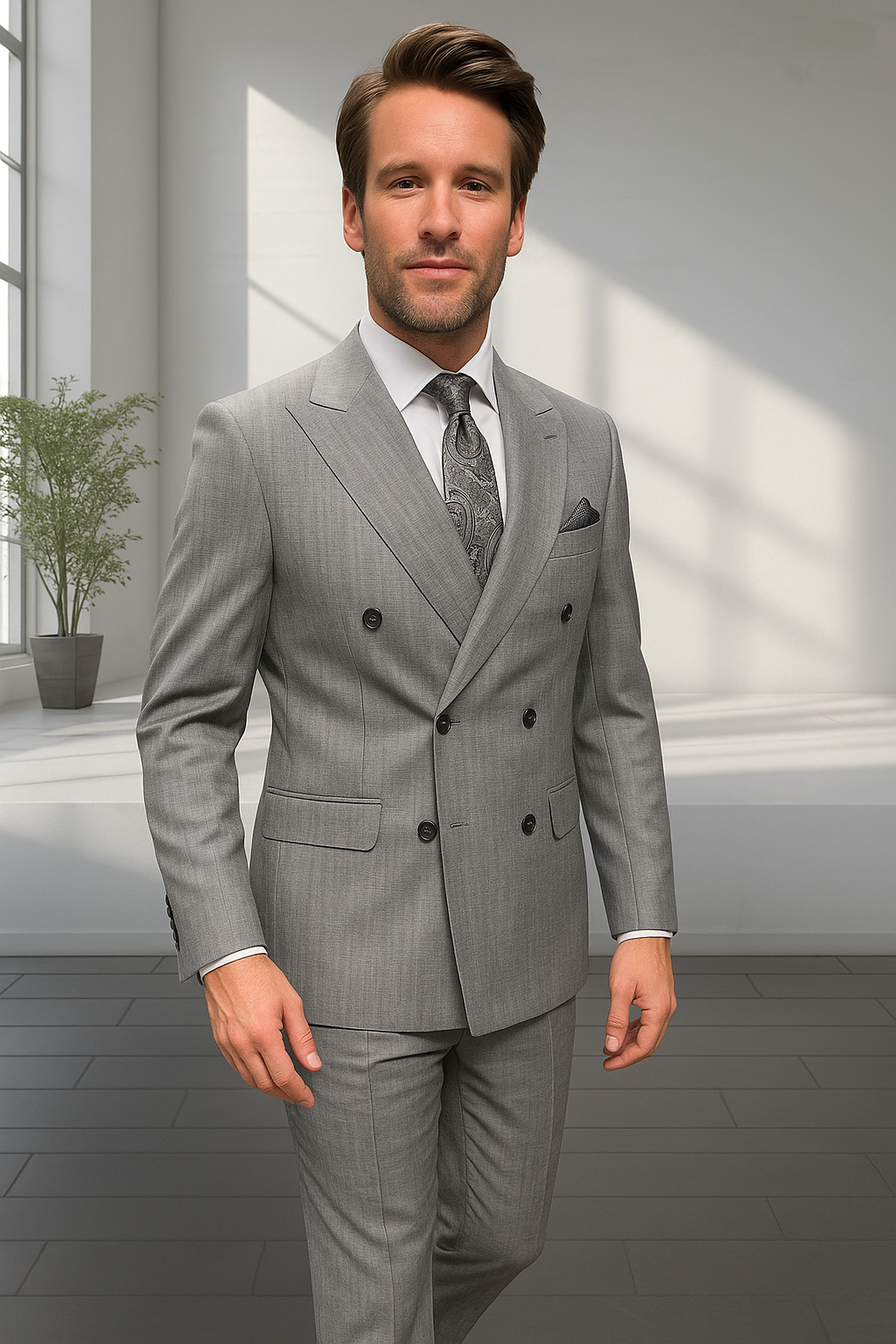 Wool Suit - Italian Made Business Suit by Statement Men's 2 Piece 100% Wool Double Breasted Suit - Pinstripe Pattern - 38R