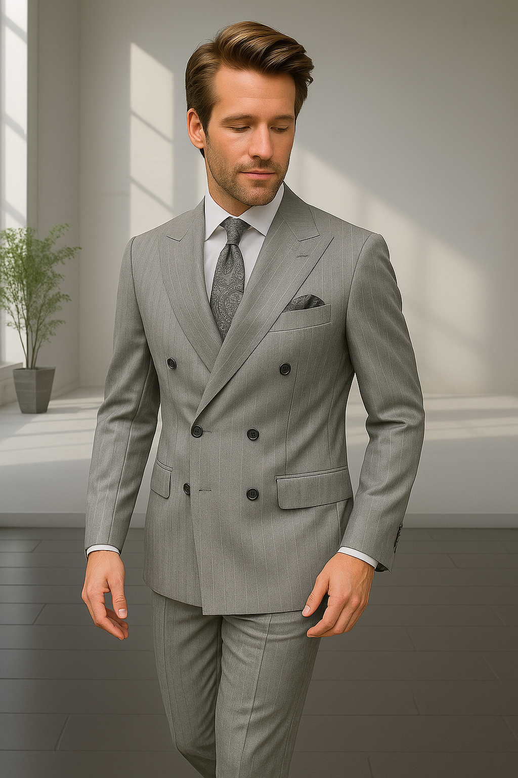 Wool Suit - Italian Made Business Suit by Statement Men's 2 Piece 100% Wool Double Breasted Suit - Pinstripe Pattern - 38R