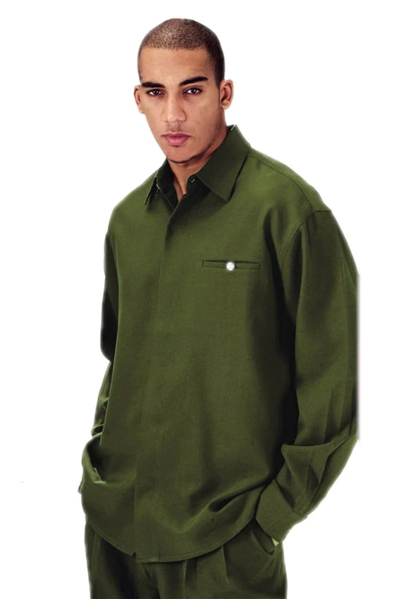 Mens Casual Long Sleeve French Front Leisure Set in Olive - S