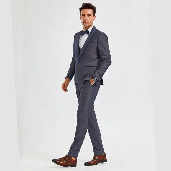 New Tazio Birdseye Textured Grey Tuxedo | Shawl Collar Satin Trim 3-Piece - 38 Short Jacket+32 Waist Adjustable 28to34)(Height: 5 4 to5 7 )(Neck 15-16.5)S-M)