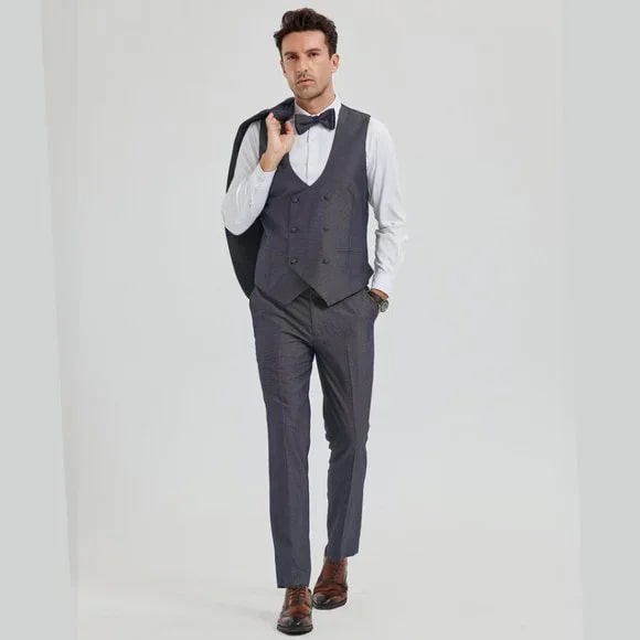 New Tazio Birdseye Textured Grey Tuxedo | Shawl Collar Satin Trim 3-Piece - 38 Short Jacket+32 Waist Adjustable 28to34)(Height: 5 4 to5 7 )(Neck 15-16.5)S-M)