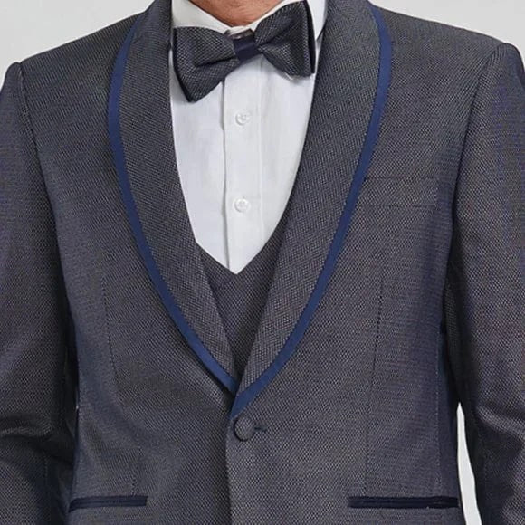 New Tazio Birdseye Textured Grey Tuxedo | Shawl Collar Satin Trim 3-Piece - 38 Short Jacket+32 Waist Adjustable 28to34)(Height: 5 4 to5 7 )(Neck 15-16.5)S-M)