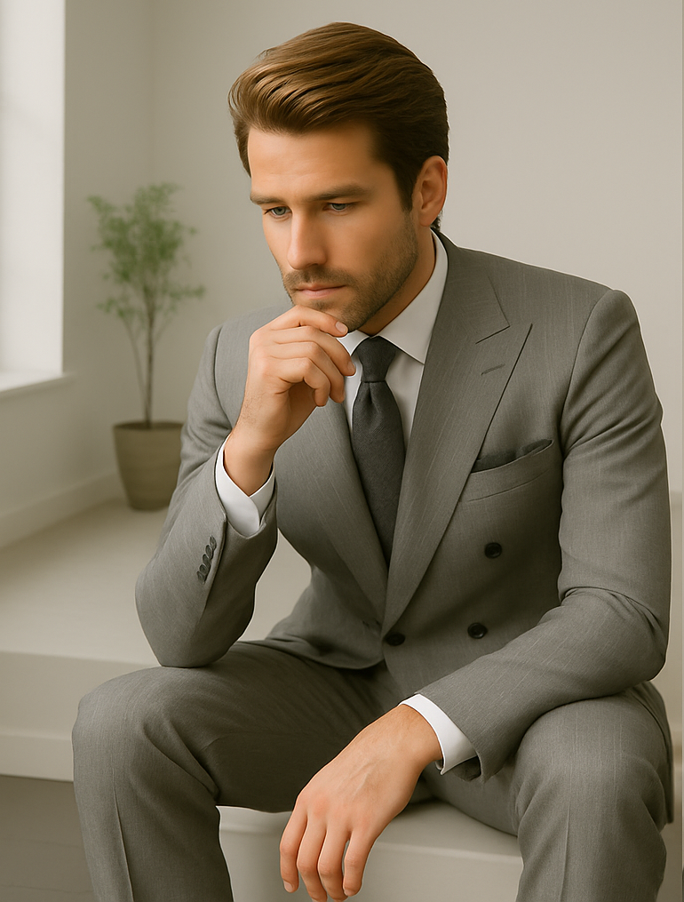 Wool Suit - Italian Made Business Suit by Statement Men's 2 Piece 100% Wool Double Breasted Suit - Pinstripe Pattern - 38R