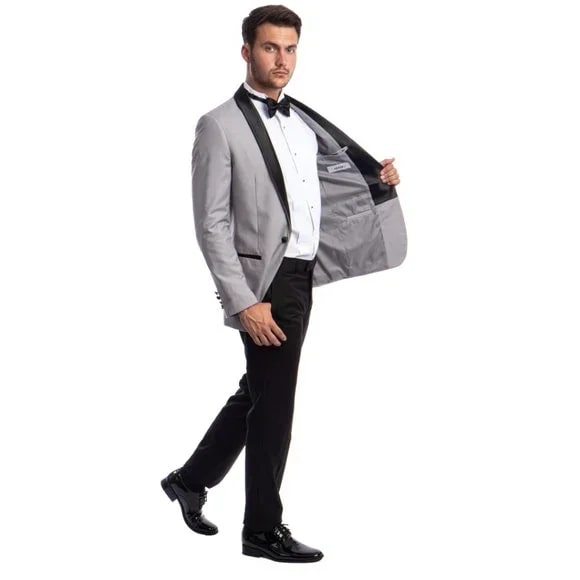 Mens Grey Tuxedo 2-PC Slim Fit, By Azzuro - 38 Short Jacket+32 Waist Adjustable 28to34)(Height: 5 4 to5 7 )(Neck 15-16.5)S-M)