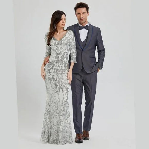 New Tazio Birdseye Textured Grey Tuxedo | Shawl Collar Satin Trim 3-Piece
