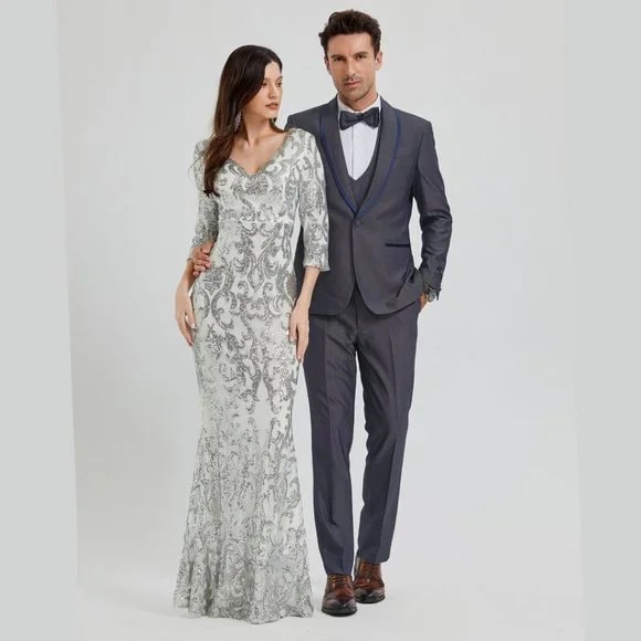 New Tazio Birdseye Textured Grey Tuxedo | Shawl Collar Satin Trim 3-Piece - 38 Short Jacket+32 Waist Adjustable 28to34)(Height: 5 4 to5 7 )(Neck 15-16.5)S-M)