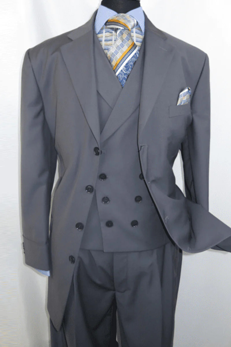 Mens 4 Button Double Breasted Vest Suit in Grey
