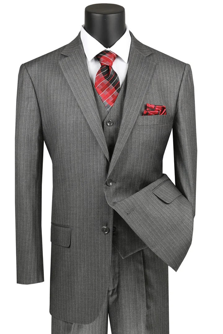 Cheap Priced Suit - Mens Classic Fit Vested Banker Pinstripe Grey Suit - 38 Short Jacket+32 Waist Adjustable 28to34)(Height: 5 4 to5 7 )(Neck 15-16.5)S-M)