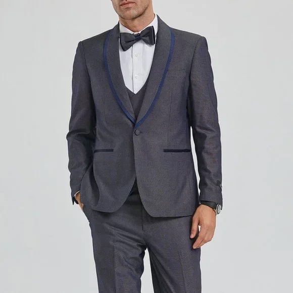 New Tazio Birdseye Textured Grey Tuxedo | Shawl Collar Satin Trim 3-Piece - 38 Short Jacket+32 Waist Adjustable 28to34)(Height: 5 4 to5 7 )(Neck 15-16.5)S-M)