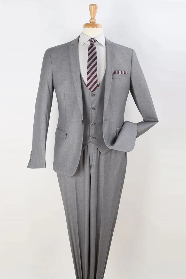 Cheap Priced Suit- Mens One Button Slim Fit Vested Peak Lapel Skinny Grey Suit - 38 Short Jacket+32 Waist Adjustable 28to34)(Height: 5 4 to5 7 )(Neck 15-16.5)S-M)