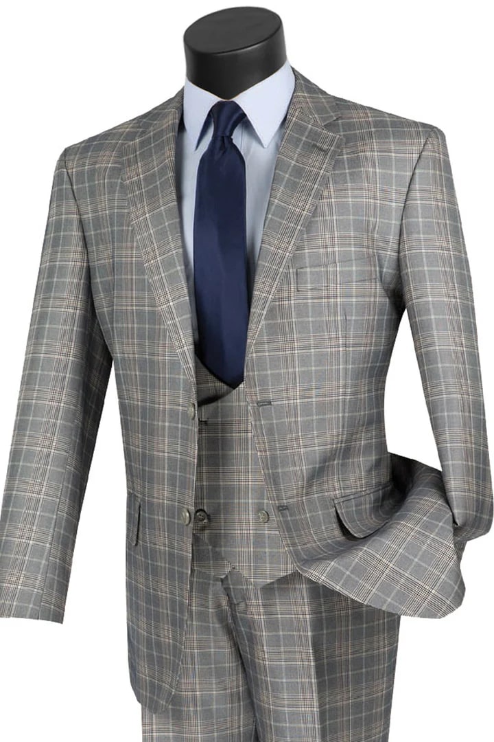 Cheap Priced Suit - Mens 2 Button Vested Peak Lapel Plaid Windowpane Grey Suit - 38 Short Jacket+32 Waist Adjustable 28to34)(Height: 5 4 to5 7 )(Neck  15-16.5)S-M)