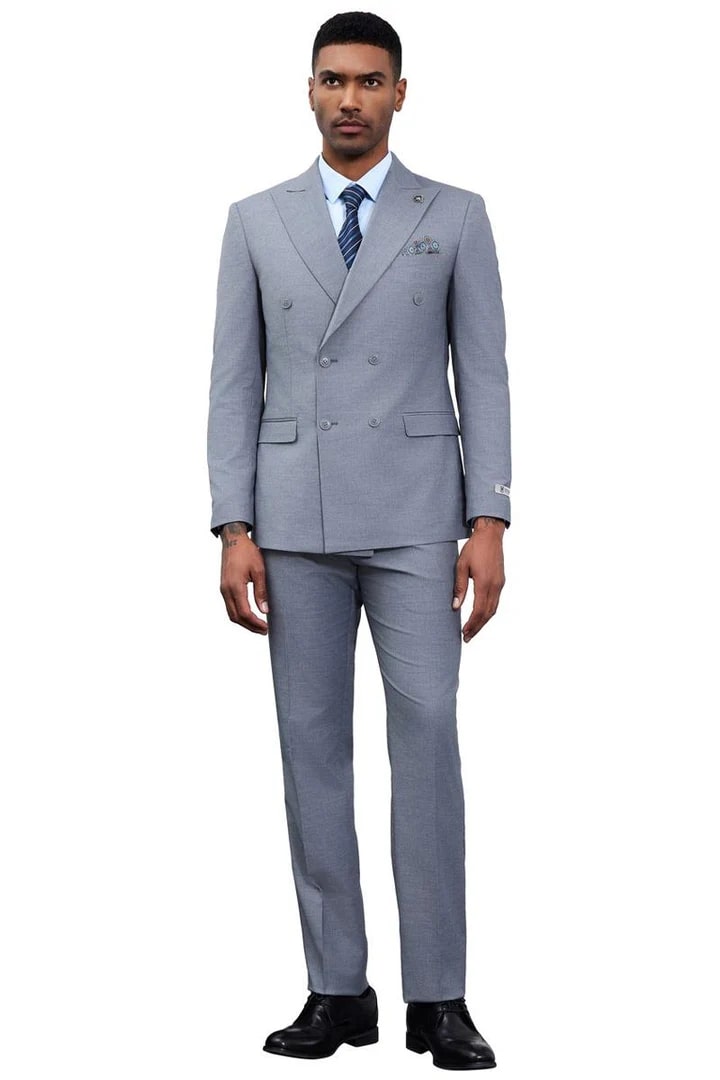 Cheap Priced Suit - Men's Designer Stacy Adams Classic Double Breasted Grey Suit - 38 Short Jacket+32 Waist Adjustable 28to34)(Height: 5 4 to5 7 )(Neck  15-16.5)S-M)