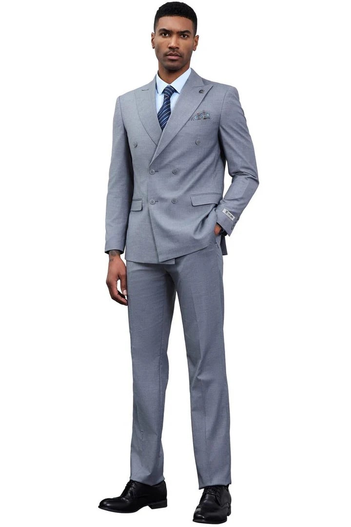 Cheap Priced Suit - Men's Designer Stacy Adams Classic Double Breasted Grey Suit - 38 Short Jacket+32 Waist Adjustable 28to34)(Height: 5 4 to5 7 )(Neck  15-16.5)S-M)