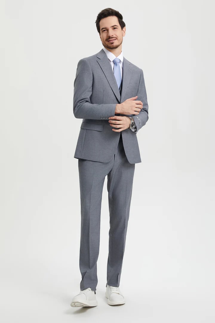 Cheap Priced Suit - Men's Two Button Vested Stacy Adams Basic Designer Sharkskin Grey Suit - 38 Short Jacket+32 Waist Adjustable 28to34)(Height: 5 4 to5 7 )(Neck  15-16.5)S-M)