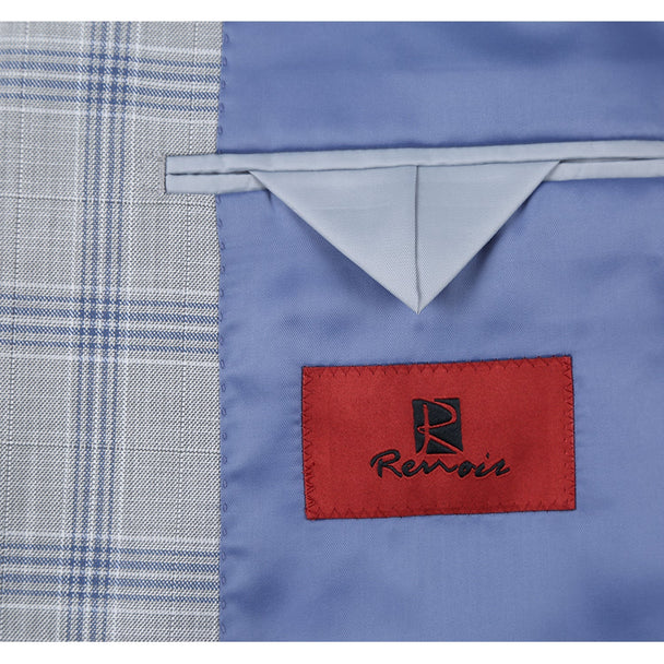 Renoir Clothing - Renoir Suit - Renoir Fashion - Stretch Performance 2-button Slim Fit Grey And Blue Check Renoir Suit - Coat Size 38