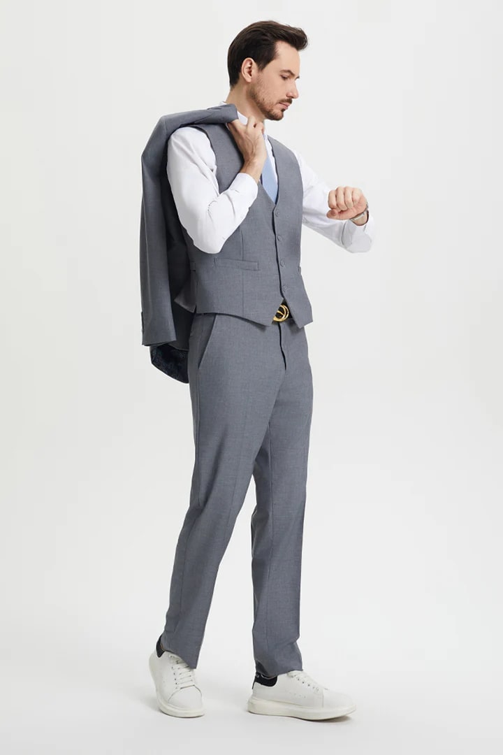 Cheap Priced Suit - Men's Two Button Vested Stacy Adams Basic Designer Sharkskin Grey Suit - 38 Short Jacket+32 Waist Adjustable 28to34)(Height: 5 4 to5 7 )(Neck  15-16.5)S-M)