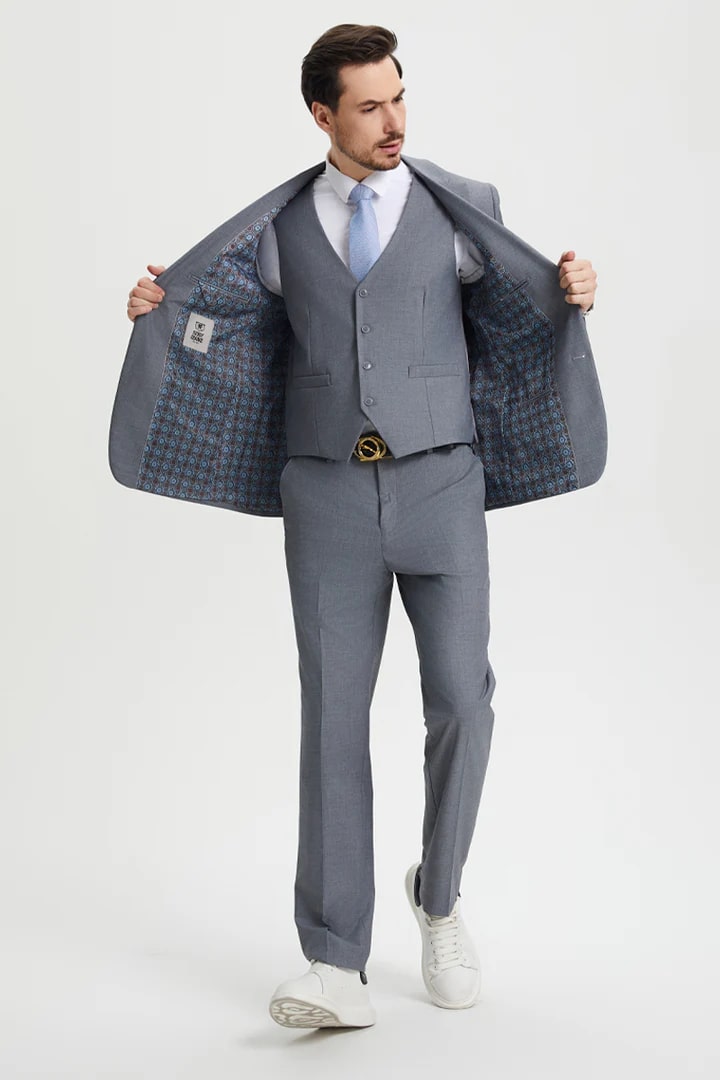 Cheap Priced Suit - Men's Two Button Vested Stacy Adams Basic Designer Sharkskin Grey Suit - 38 Short Jacket+32 Waist Adjustable 28to34)(Height: 5 4 to5 7 )(Neck  15-16.5)S-M)