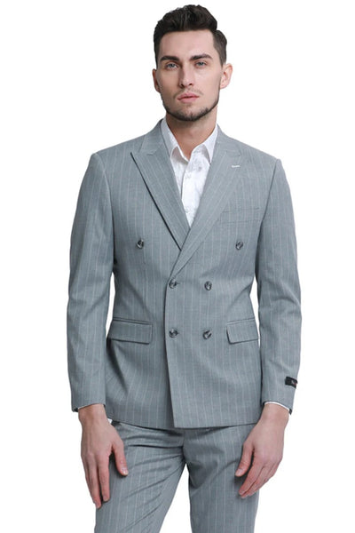 Cheap priced Suit - Men's Slim Fit Double Breasted Bold Gangster Pinstripe Grey Suit