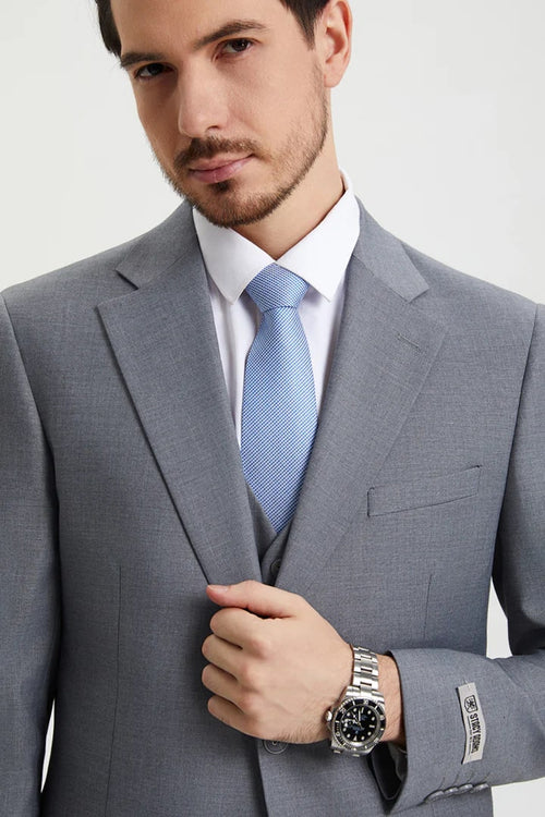 Cheap Priced Suit - Men's Two Button Vested Stacy Adams Basic Designer Sharkskin Grey Suit