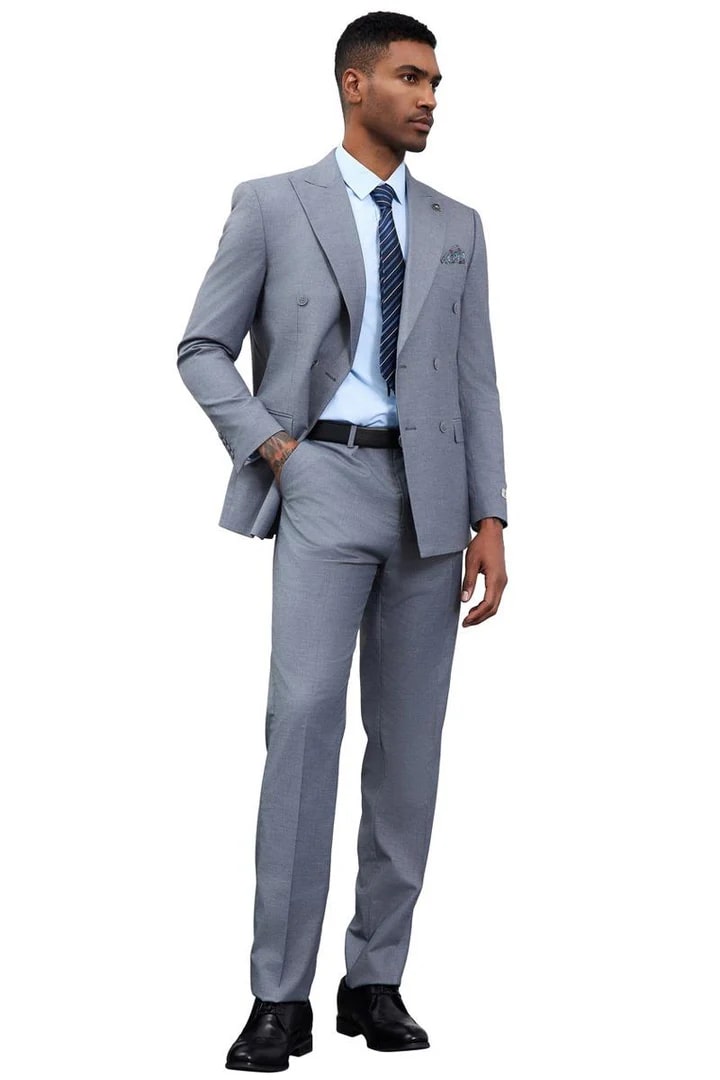 Cheap Priced Suit - Men's Designer Stacy Adams Classic Double Breasted Grey Suit - 38 Short Jacket+32 Waist Adjustable 28to34)(Height: 5 4 to5 7 )(Neck  15-16.5)S-M)