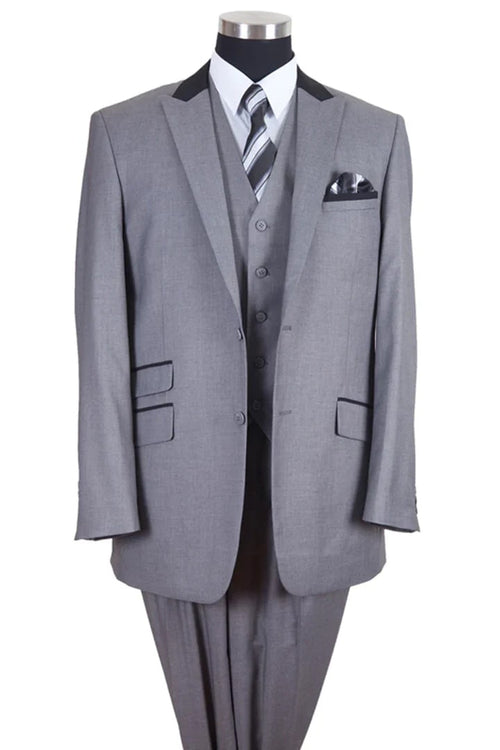 Cheap Priced Suit - Mens 2 Button Vested Peak Lapel Contrast Collar Grey And Black Suit