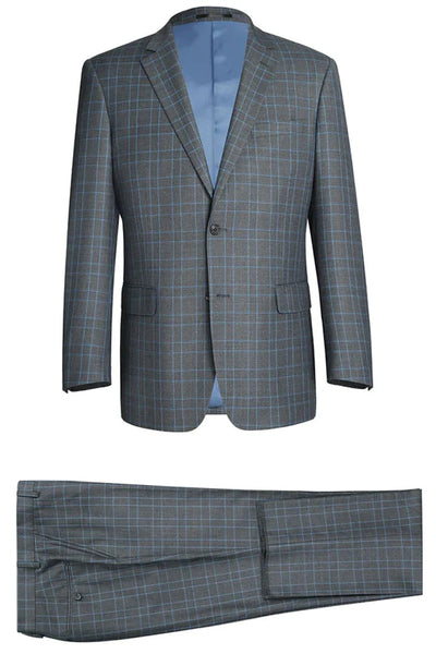 Cheap Priced Suit - Mens Two Button Classic Fit Two Piece Suit In Grey & Blue Windowpane Plaid