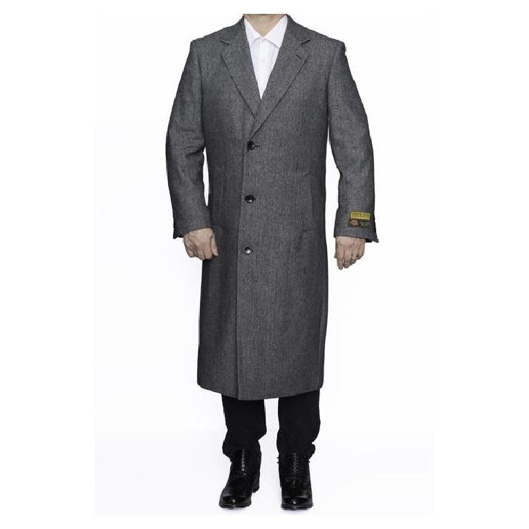 Grey Full Length Wool Dress Topcoat / Overcoat Herringbone - Coat Size 38