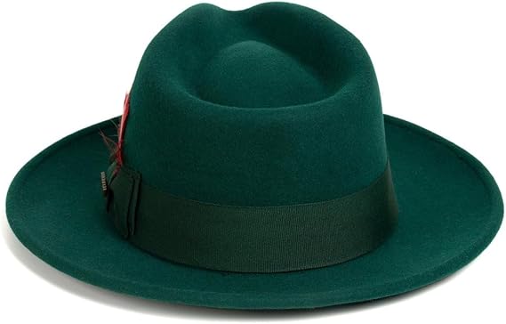 Gangster 100% Austrailian Wool Crushable Mens Fedora Hat - Removable Feather Gangster Hunter Green Mens Fedora Hat - Small