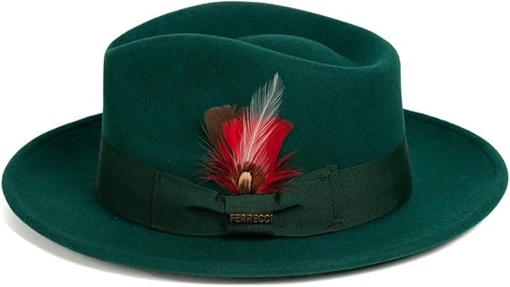 Gangster 100% Austrailian Wool Crushable Mens Fedora Hat - Removable Feather Gangster Hunter Green Mens Fedora Hat - Small