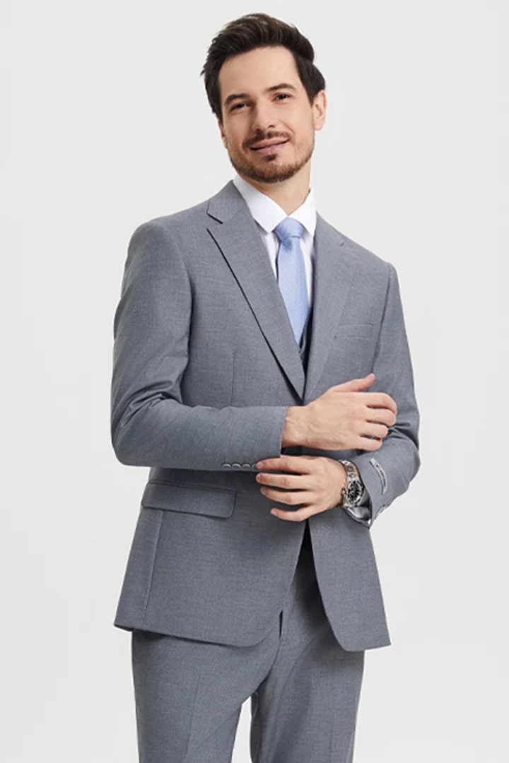 Cheap Priced Suit - Men's Two Button Vested Stacy Adams Basic Designer Sharkskin Grey Suit - 38 Short Jacket+32 Waist Adjustable 28to34)(Height: 5 4 to5 7 )(Neck  15-16.5)S-M)